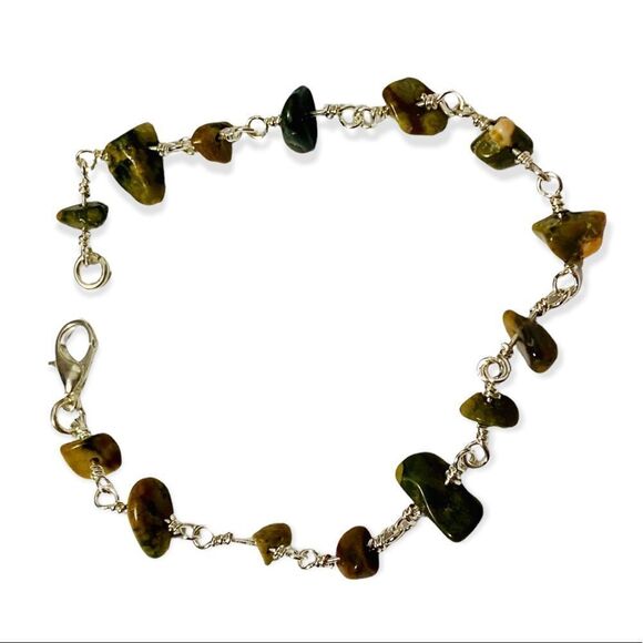 handmade Jewelry - Sterling Silver Natural Jade Stone Wire Wrap Dainty Bangle Bracelet NEW